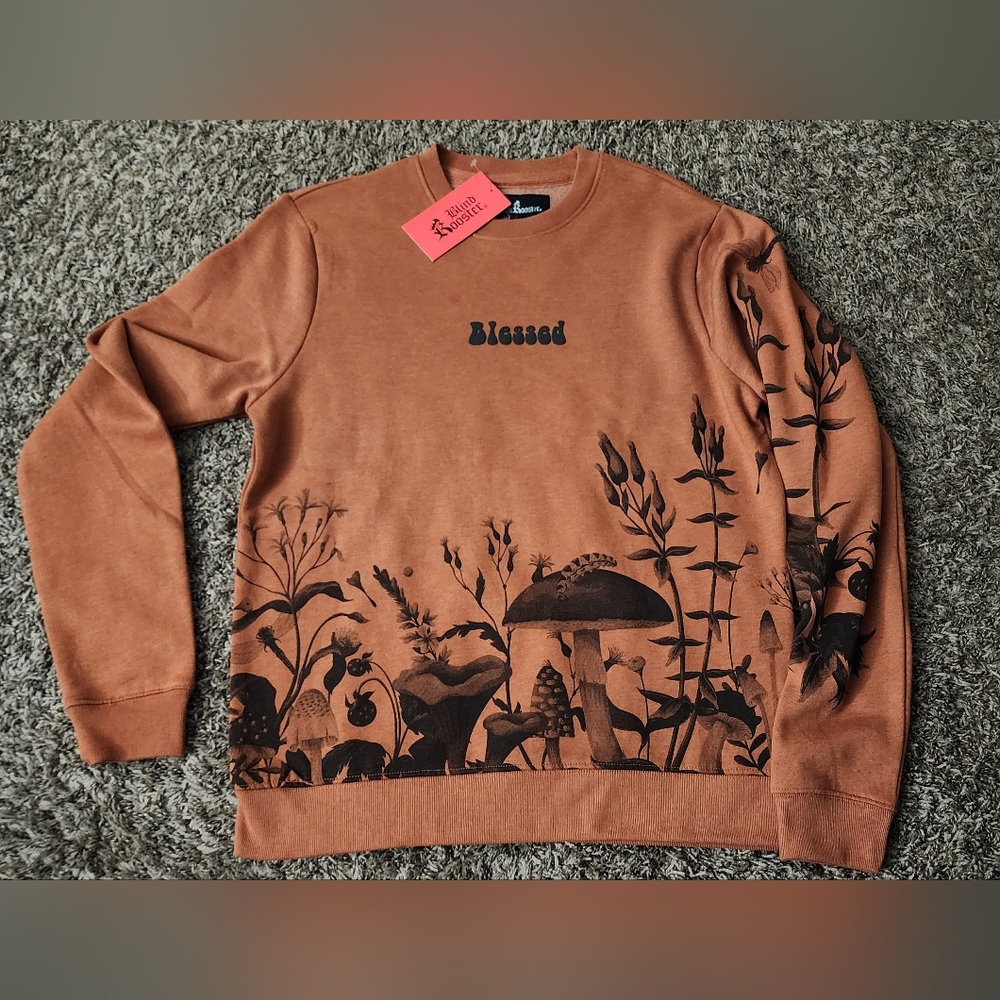 NWT Blind Rooster "Blessed" Mushroom Flower Graphic Pullover Sweater S
